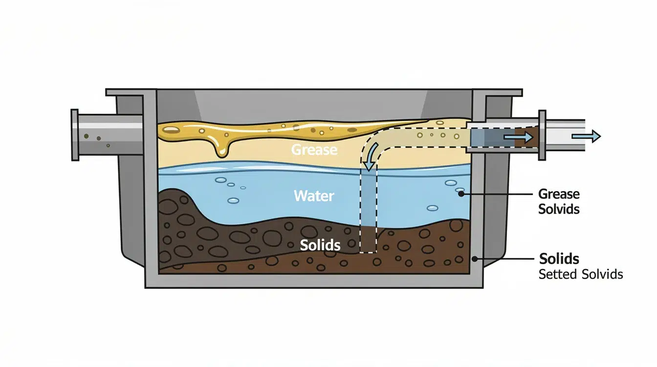 The image is a cross-section diagram illustrating the various layers within a grease trap, showing grease buildup on top, followed by water and solids at the bottom. This visual representation highlights the importance of regular grease trap maintenance in preventing clogs and ensuring the smooth operation of a restaurant's grease trap system.