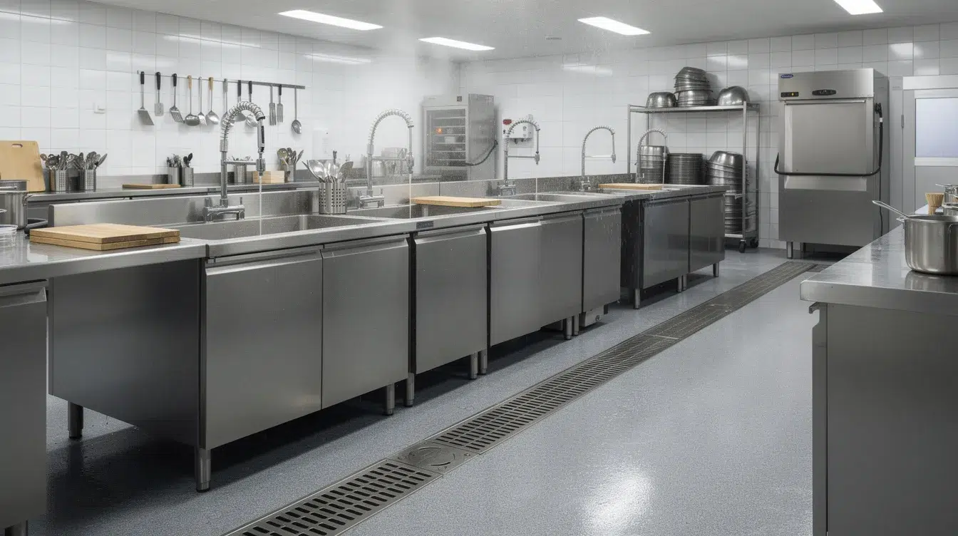 The image depicts a commercial kitchen featuring stainless steel sinks and floor drains, essential for maintaining hygiene and preventing clogs. Proper grease trap maintenance is crucial in such environments to remove grease buildup and ensure smooth operation of the sewer system.