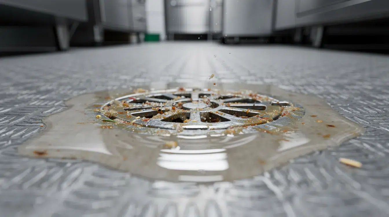 The image depicts a commercial kitchen floor drain filled with standing water, indicating potential grease buildup and the need for professional grease trap cleaning. This situation can lead to foul odors and clogs, highlighting the importance of regular maintenance for the restaurant's grease trap to ensure smooth operation and compliance with health regulations.